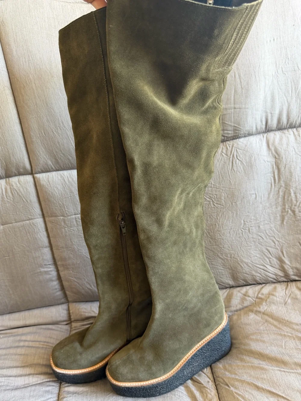 Jeffrey Campbell Olive Suede Over-the-Knee Wedge Boots